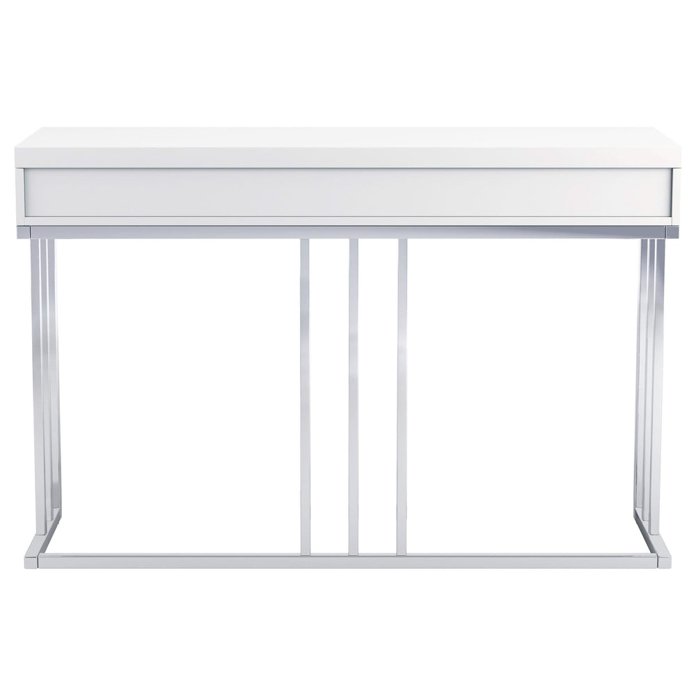 Mesa de sofá rectangular Dalya con 2 cajones en blanco brillante y cromo