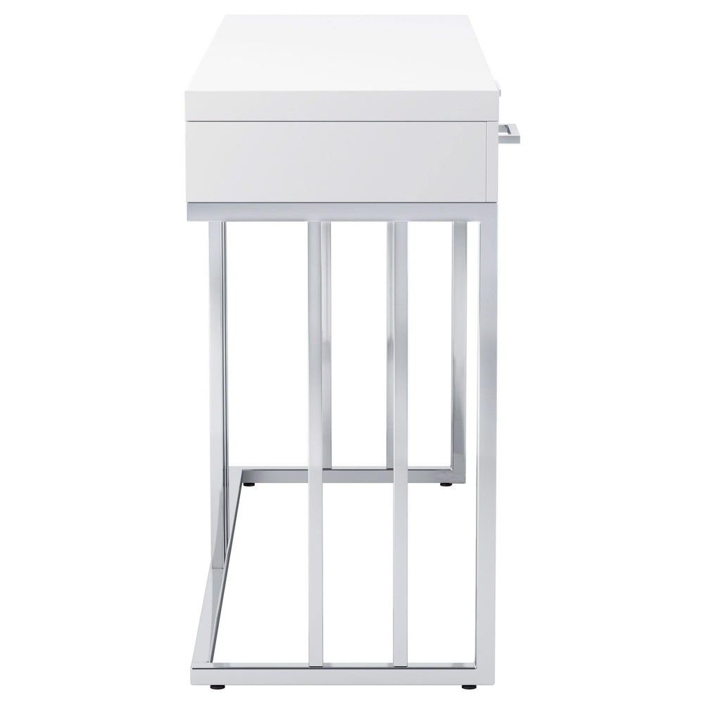 Mesa de sofá rectangular Dalya con 2 cajones en blanco brillante y cromo