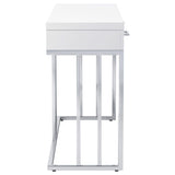 Mesa de sofá rectangular Dalya con 2 cajones en blanco brillante y cromo