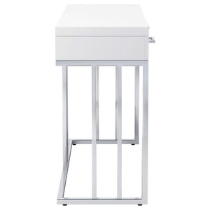 Mesa de sofá rectangular Dalya con 2 cajones en blanco brillante y cromo