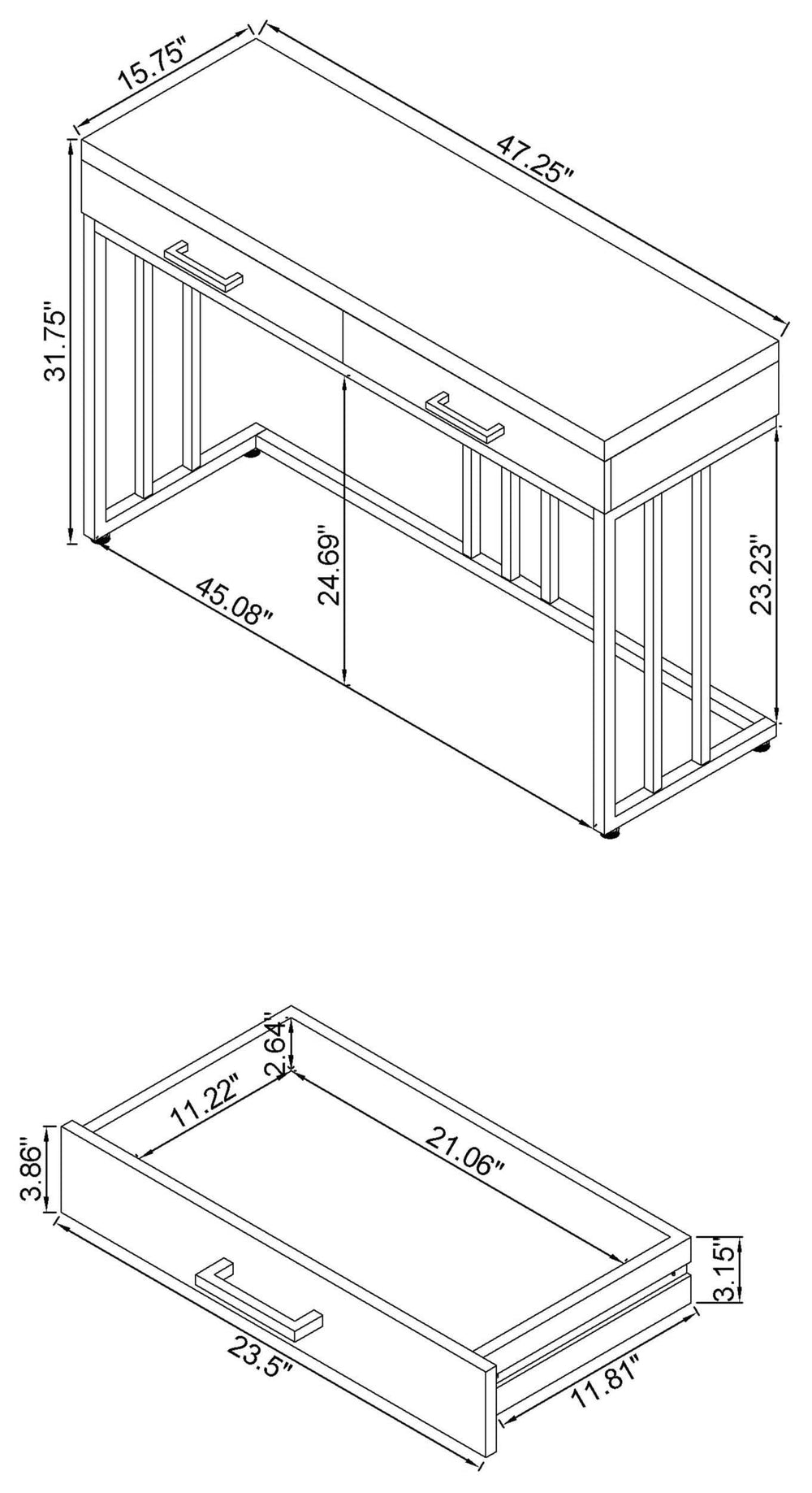 Mesa de sofá rectangular Dalya con 2 cajones en blanco brillante y cromo