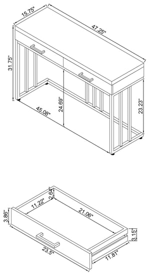 Mesa de sofá rectangular Dalya con 2 cajones en blanco brillante y cromo