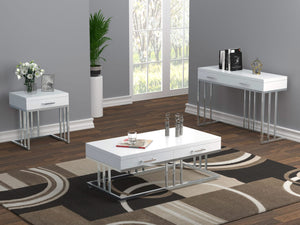 Mesa de sofá rectangular Dalya con 2 cajones en blanco brillante y cromo