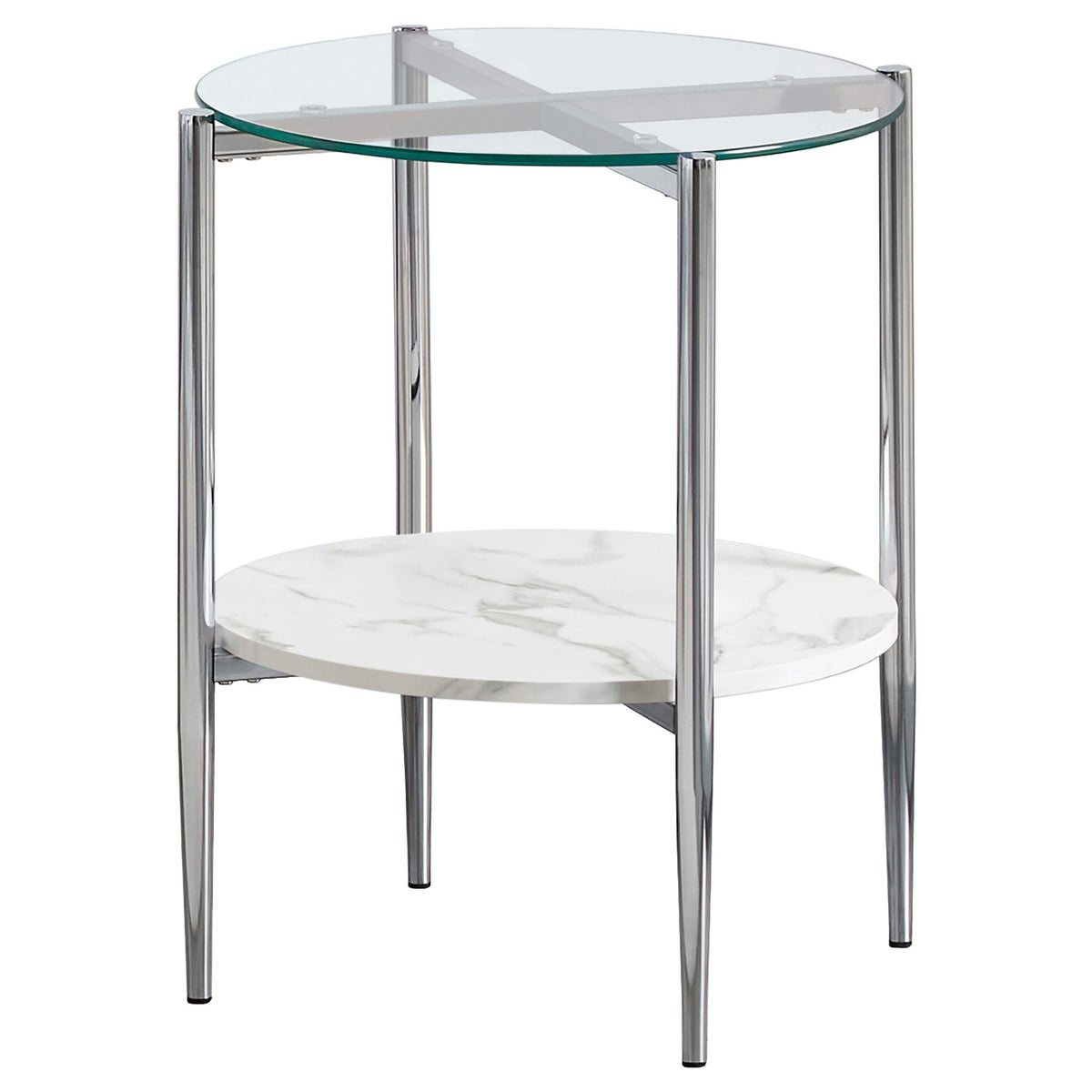 Mesa auxiliar redonda Cadee con tapa de vidrio, blanca y cromada