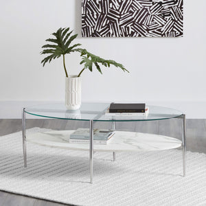 Mesa de centro Cadee con tapa de vidrio ovalada, blanca y cromada