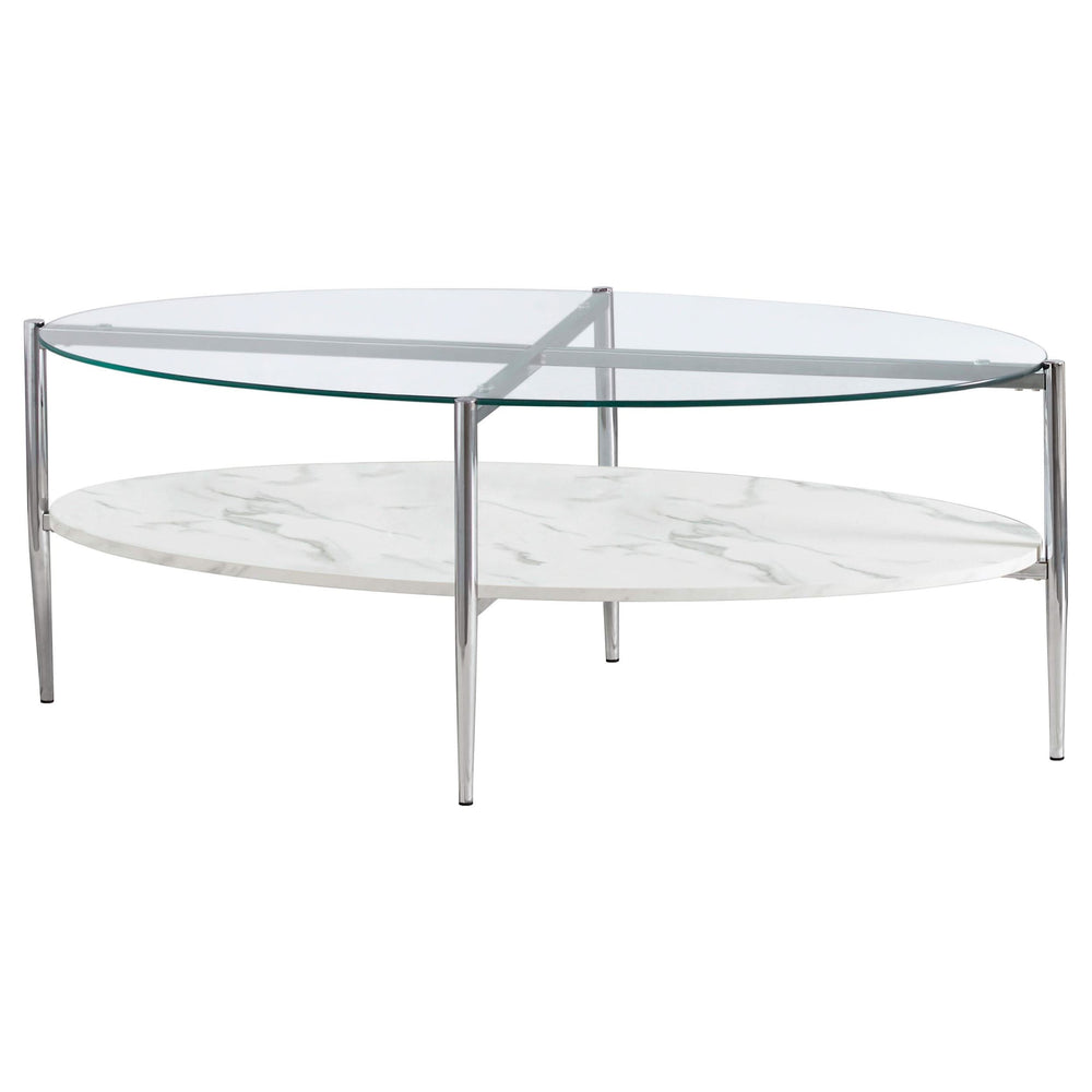 Mesa de centro Cadee con tapa de vidrio ovalada, blanca y cromada