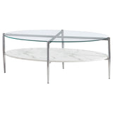 Mesa de centro Cadee con tapa de vidrio ovalada, blanca y cromada