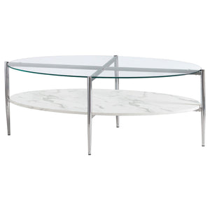 Mesa de centro Cadee con tapa de vidrio ovalada, blanca y cromada