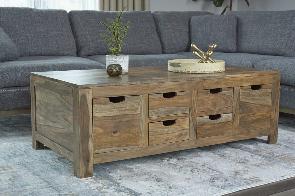 Mesa de centro Esther de madera maciza de sheesham natural con 6 cajones