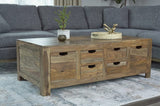 Mesa de centro Esther de madera maciza de sheesham natural con 6 cajones