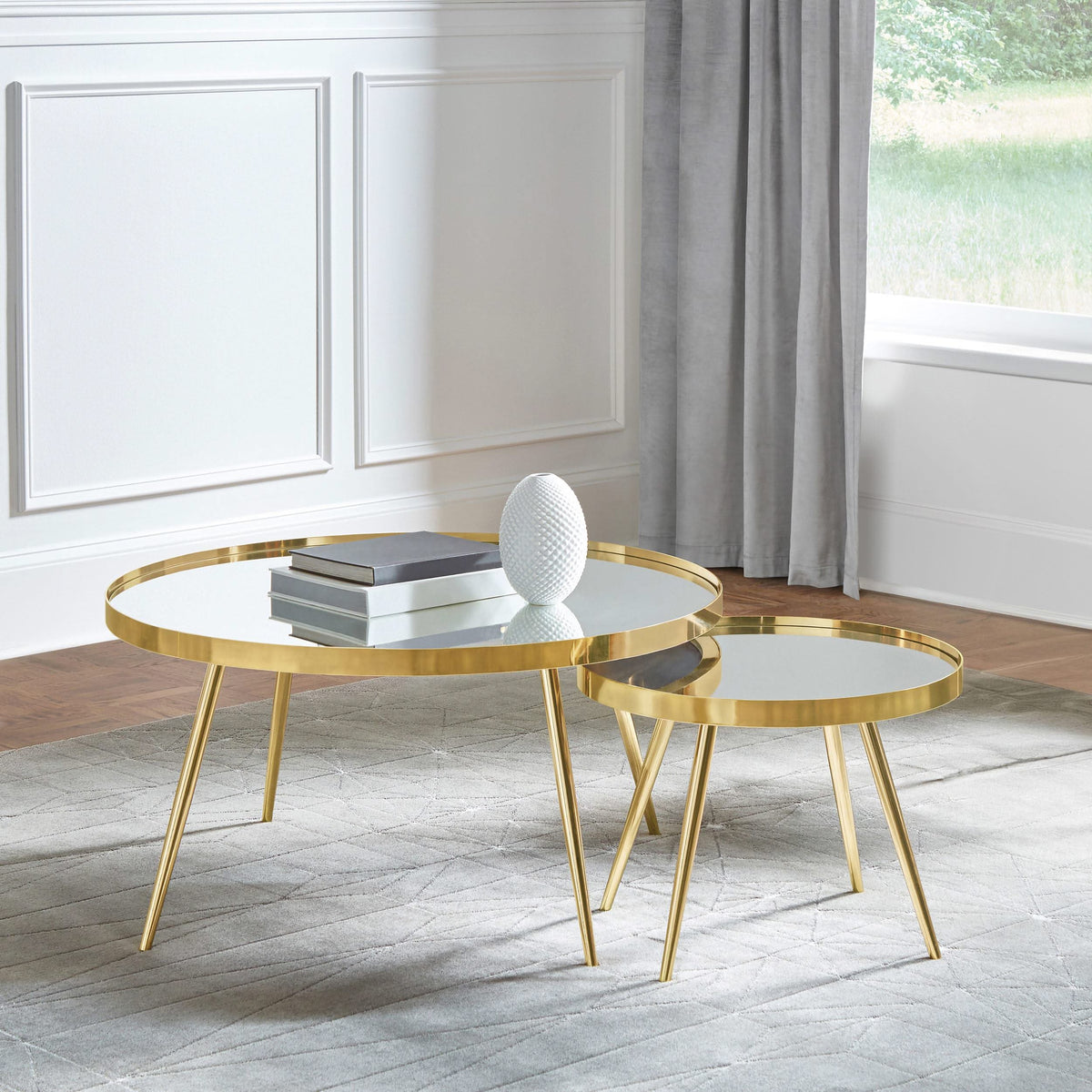 Mesa de centro anidada Kaelyn de 2 piezas con espejo redondo dorado