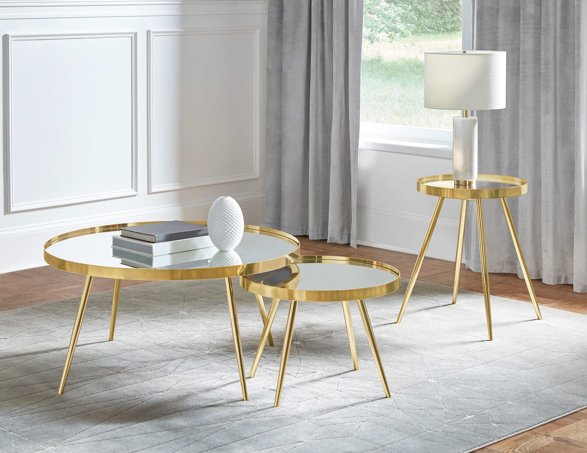 Mesa de centro anidada Kaelyn de 2 piezas con espejo redondo dorado