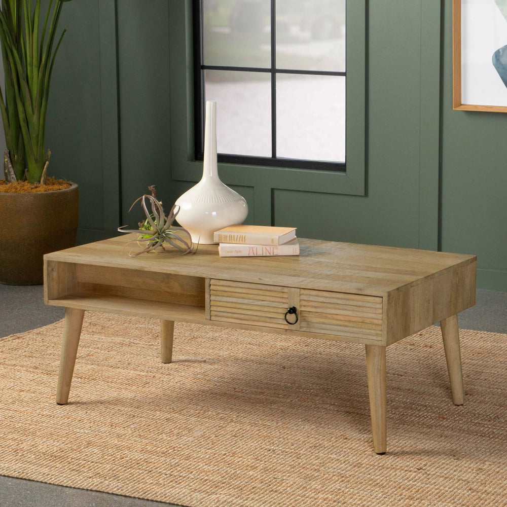 Mesa de centro rectangular de madera de mango Zabel con 1 cajón, color natural