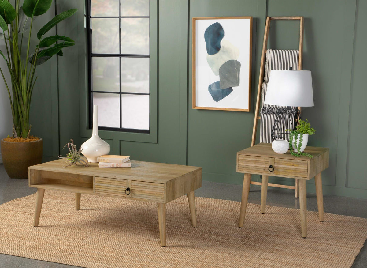 Mesa de centro rectangular de madera de mango Zabel con 1 cajón, color natural
