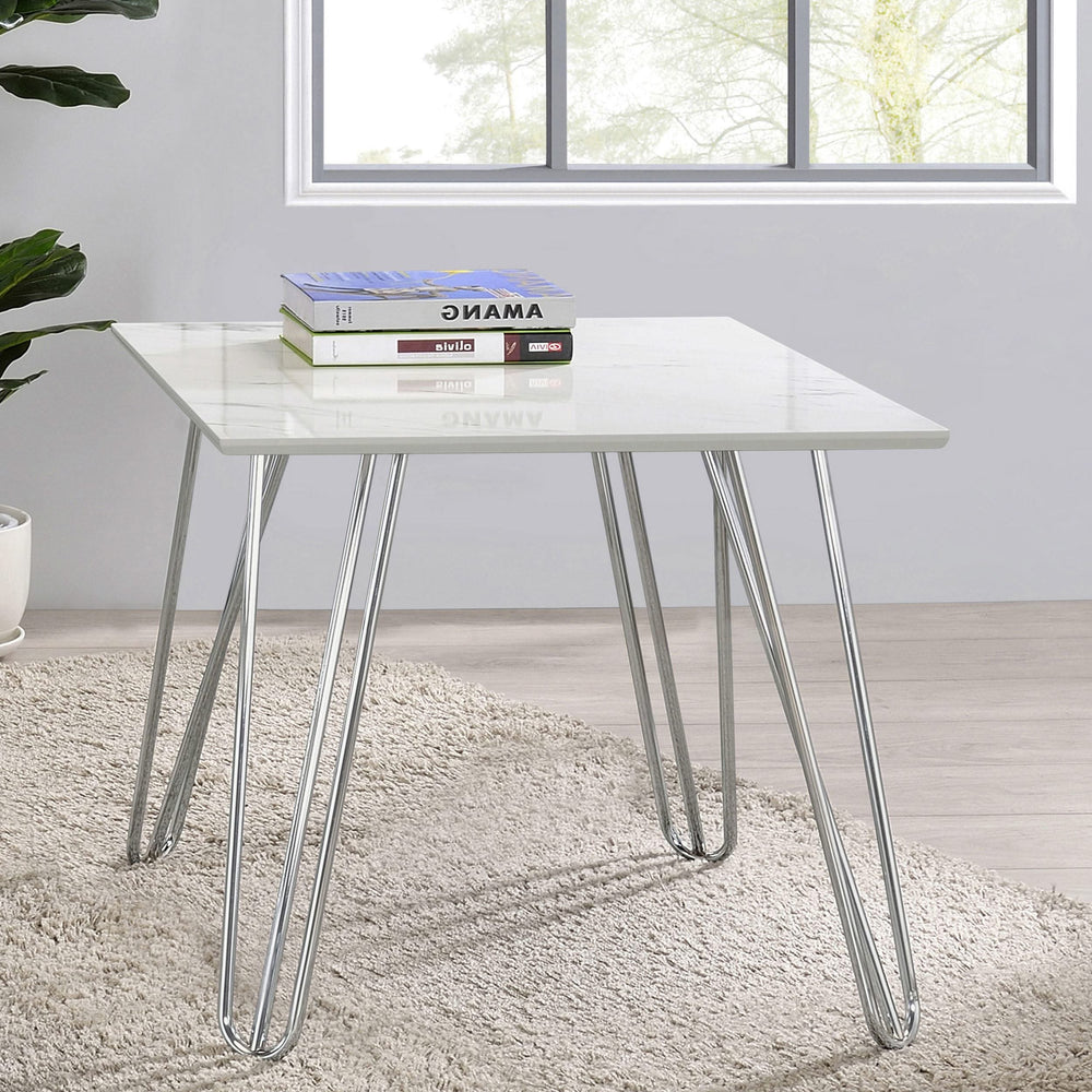 Mesa auxiliar cuadrada con patas de horquilla Harley, blanca y cromada