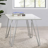 Mesa auxiliar cuadrada con patas de horquilla Harley, blanca y cromada
