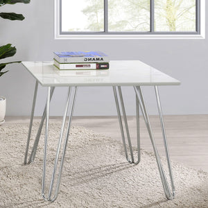 Mesa auxiliar cuadrada con patas de horquilla Harley, blanca y cromada