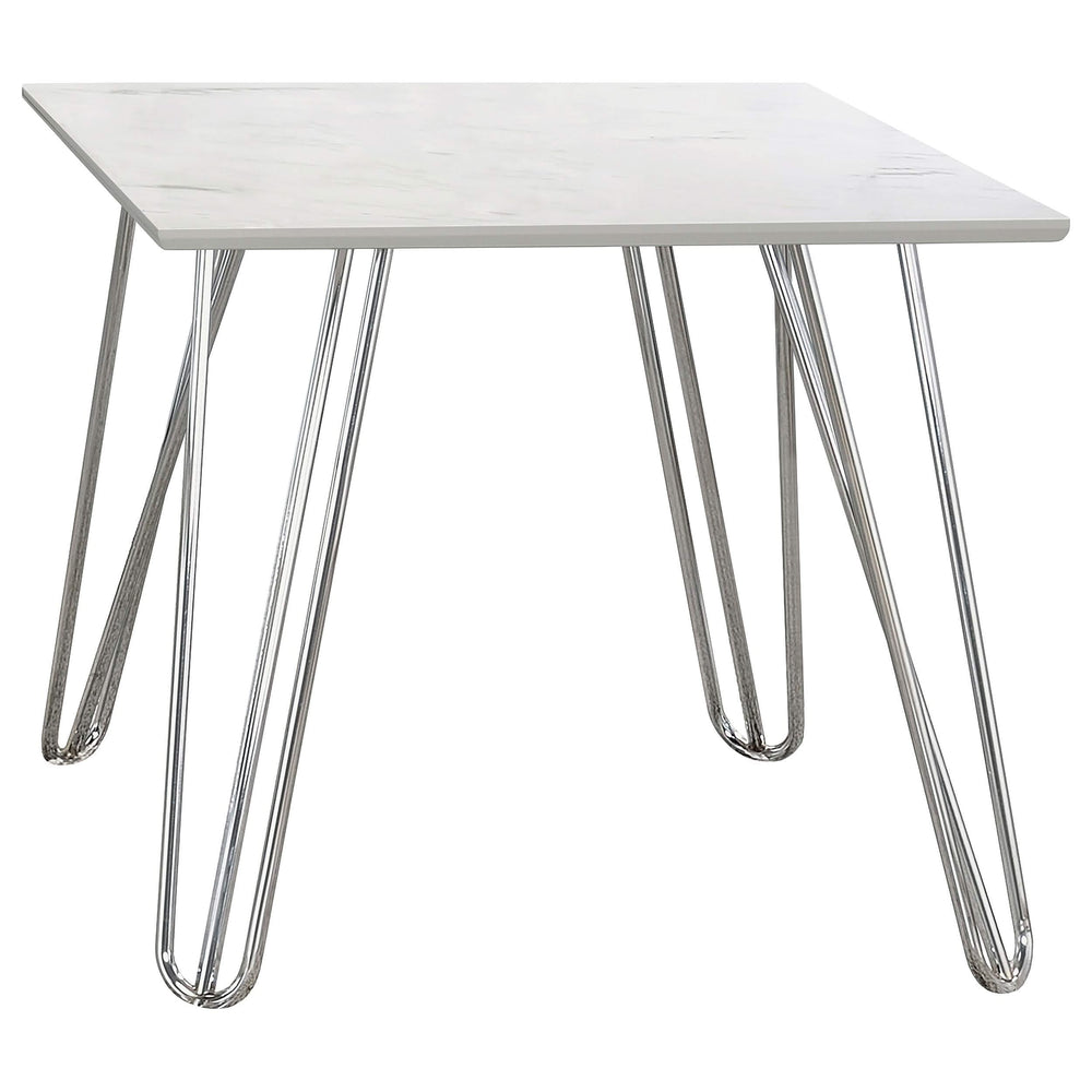 Mesa auxiliar cuadrada con patas de horquilla Harley, blanca y cromada