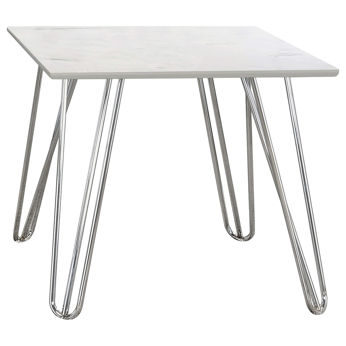 Mesa auxiliar cuadrada con patas de horquilla Harley, blanca y cromada