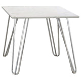 Mesa auxiliar cuadrada con patas de horquilla Harley, blanca y cromada