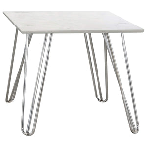 Mesa auxiliar cuadrada con patas de horquilla Harley, blanca y cromada
