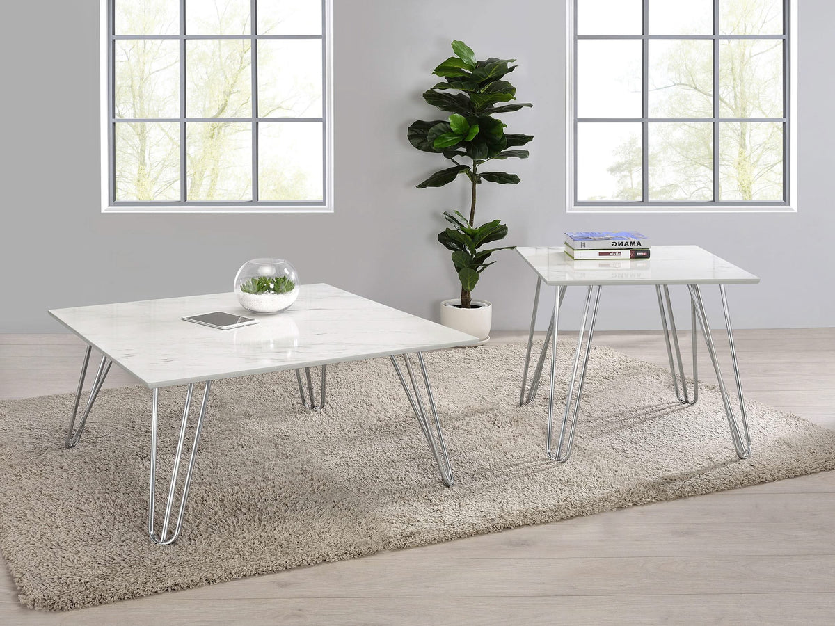 Juego de mesa de centro auxiliar Harley de 3 piezas en imitación de mármol blanco y cromo