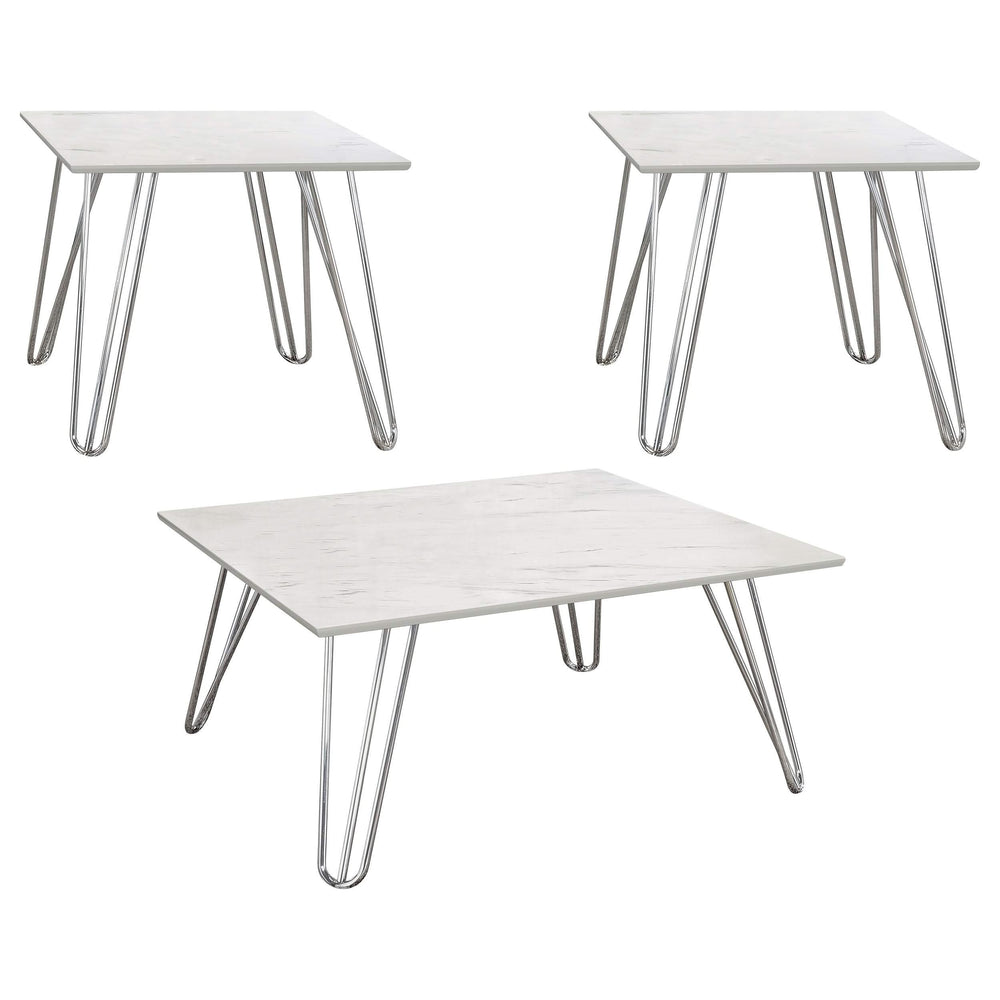 Juego de mesa de centro auxiliar Harley de 3 piezas en imitación de mármol blanco y cromo