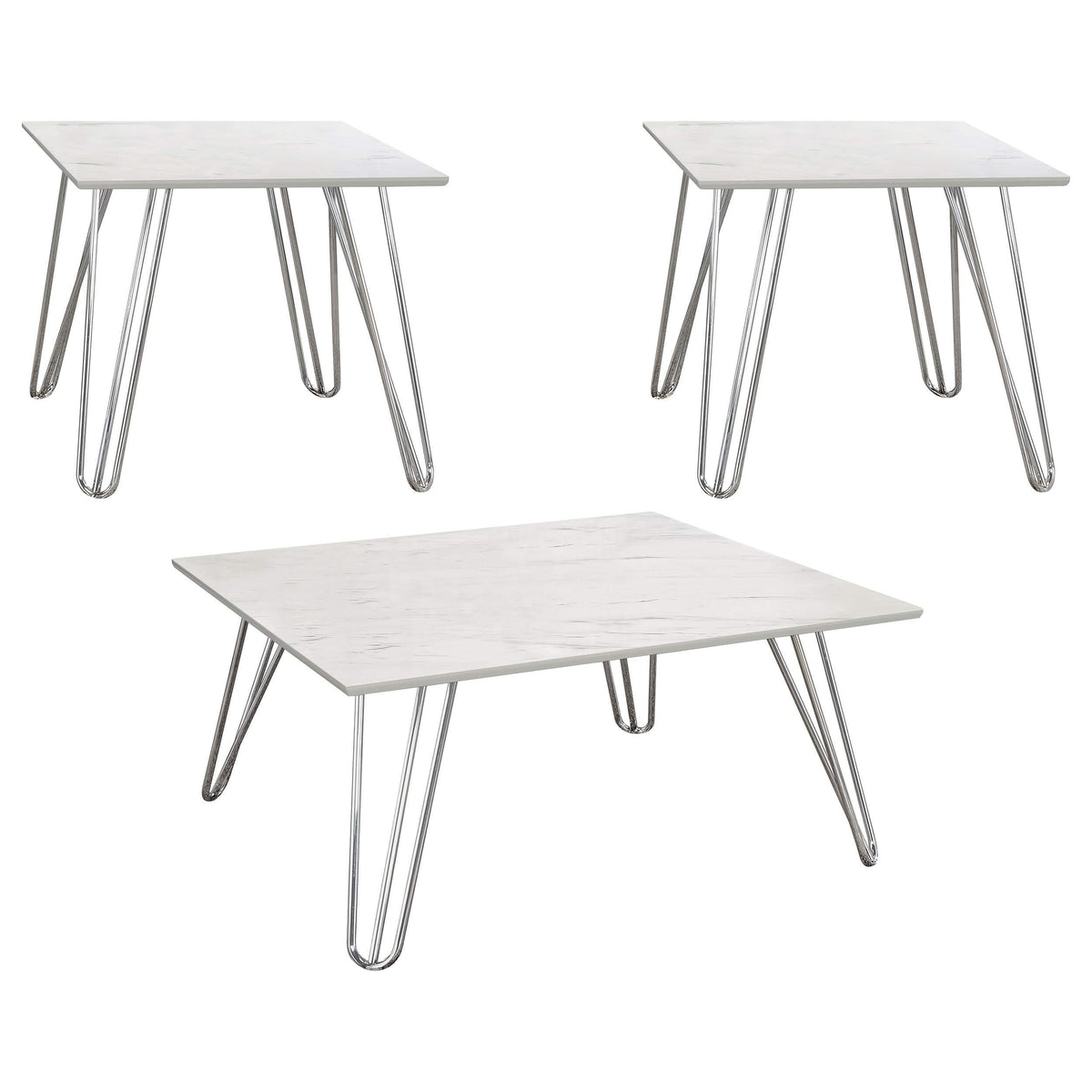Juego de mesa de centro auxiliar Harley de 3 piezas en imitación de mármol blanco y cromo