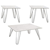 Juego de mesa de centro auxiliar Harley de 3 piezas en imitación de mármol blanco y cromo