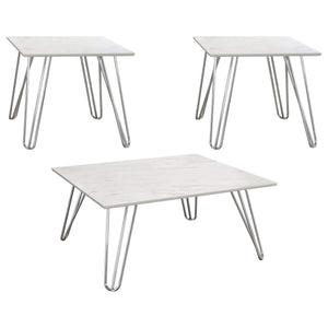 Juego de mesa de centro auxiliar Harley de 3 piezas en imitación de mármol blanco y cromo