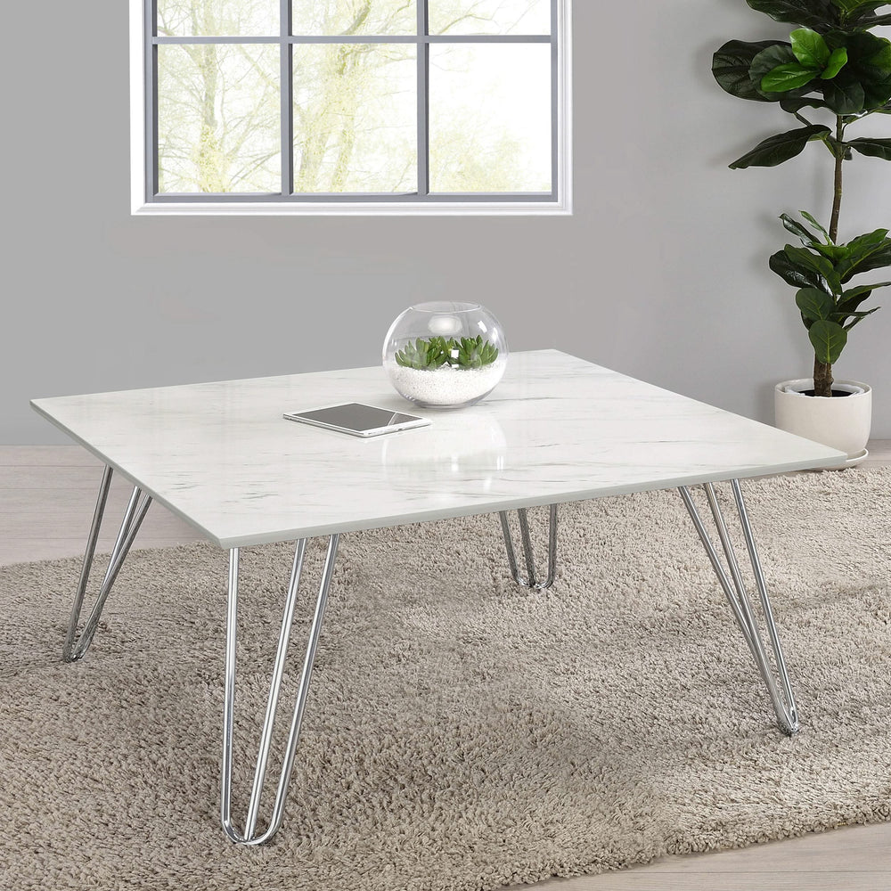 Mesa de centro cuadrada con patas de horquilla Harley, blanca y cromada