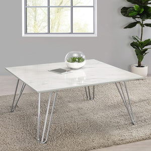 Mesa de centro cuadrada con patas de horquilla Harley, blanca y cromada