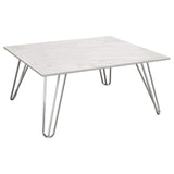 Mesa de centro cuadrada con patas de horquilla Harley, blanca y cromada