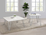 Mesa de centro cuadrada con patas de horquilla Harley, blanca y cromada