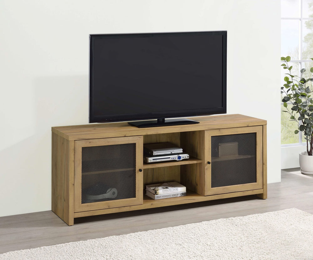 Consola de TV rectangular con puerta de malla Bristol en roble dorado y bronce