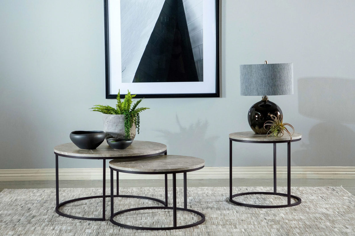 Mesa de centro redonda anidada Lainey de dos piezas en imitación de mármol, gris