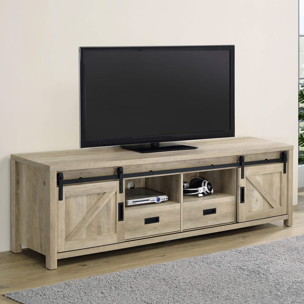 Mueble para TV Madra de 2 puertas de madera de ingeniería de 79 pulgadas, pino envejecido