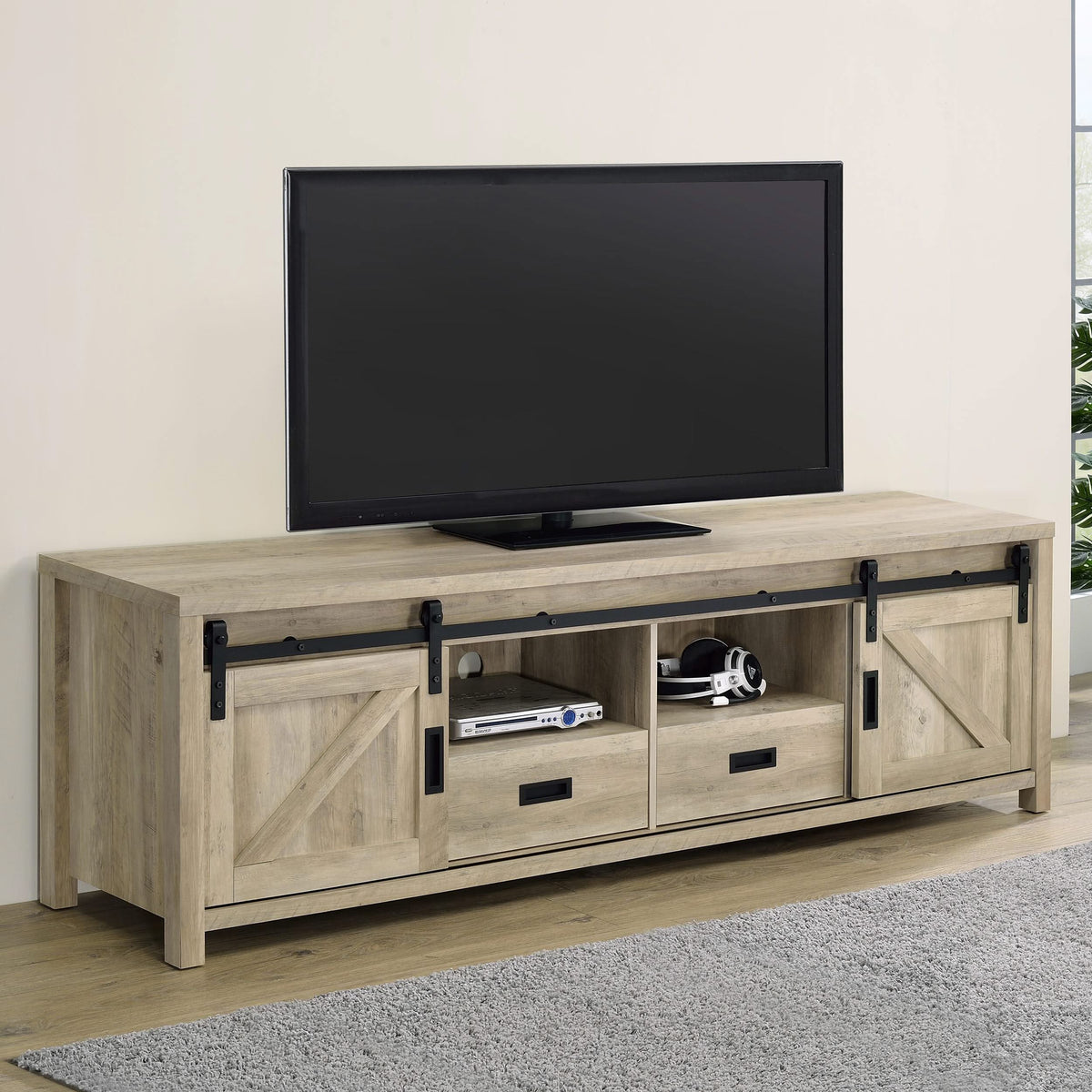 Mueble para TV Madra de 2 puertas de madera de ingeniería de 79 pulgadas, pino envejecido