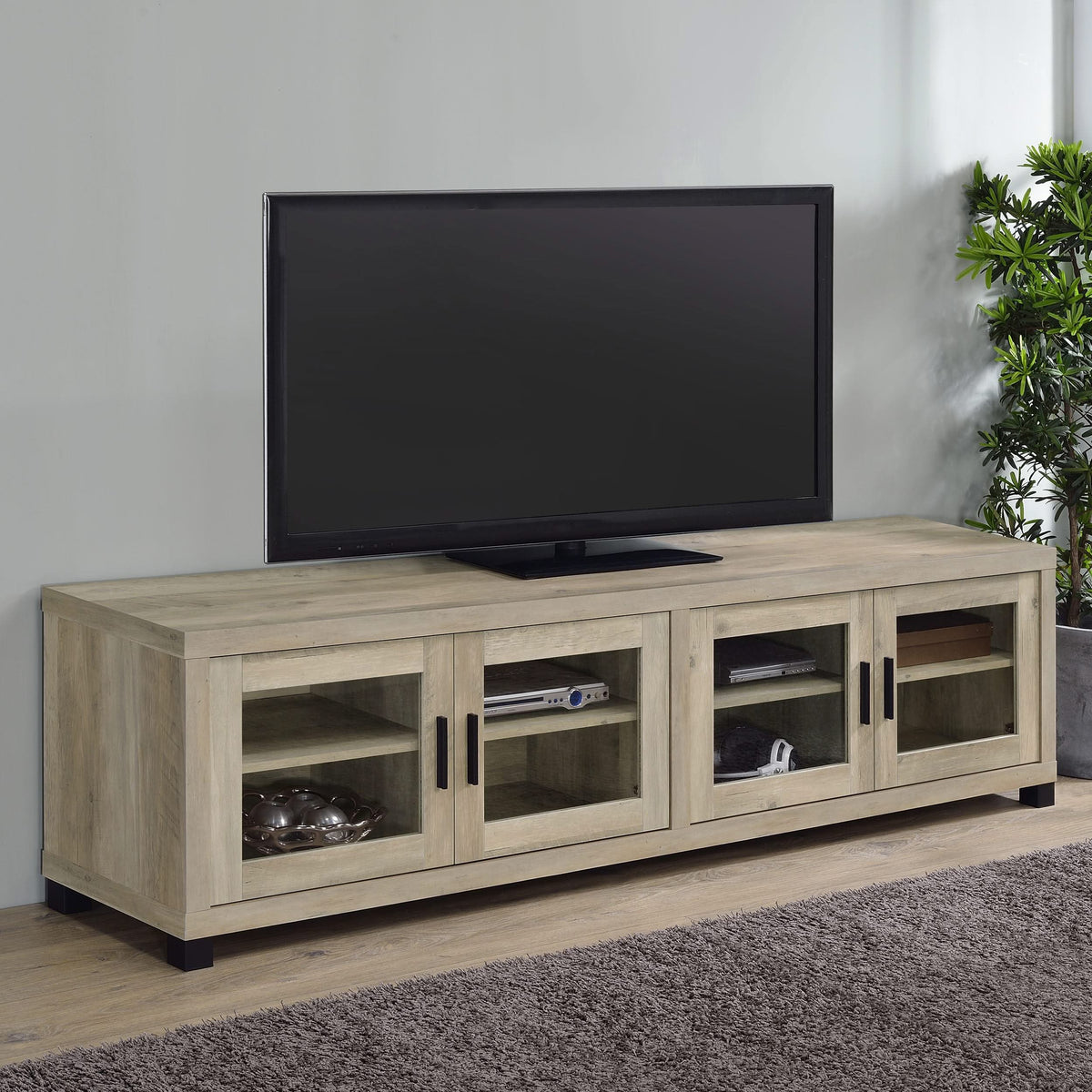 Mueble para TV Sachin de 4 puertas de madera de ingeniería de 79 pulgadas en pino envejecido
