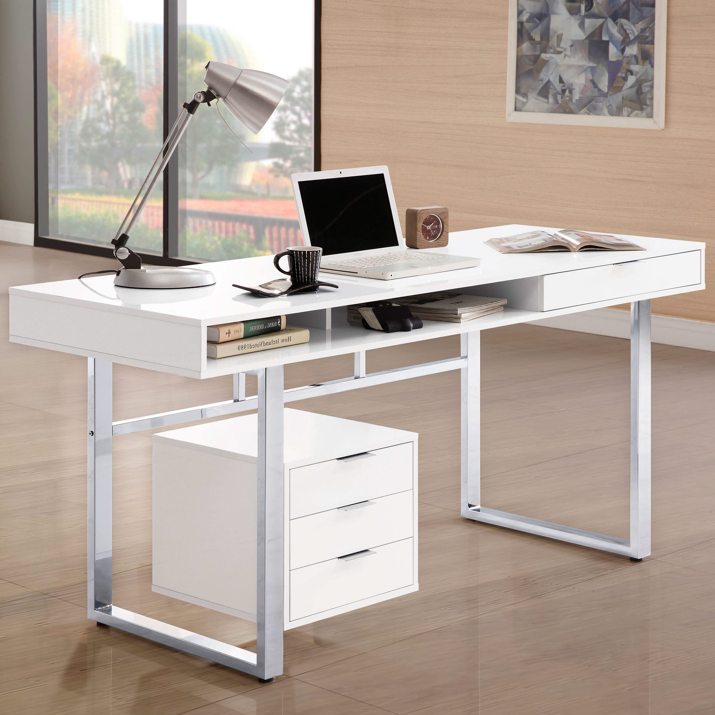 Escritorio para computadora Whitman de 65 pulgadas con 4 cajones, blanco de alto brillo