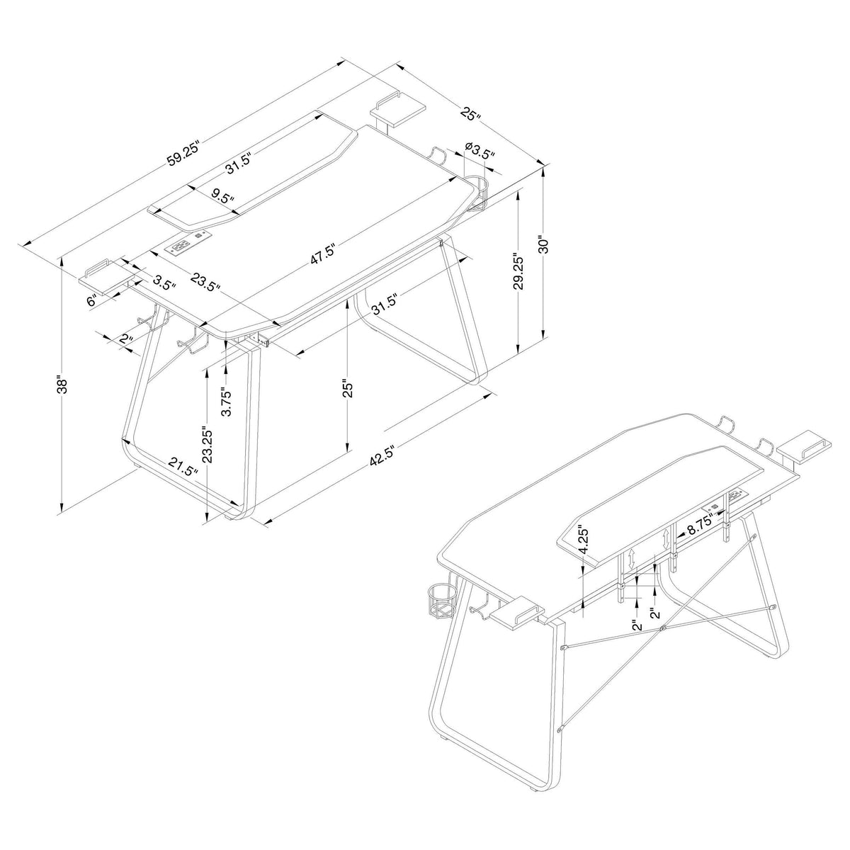 Alfie 59-inch Computer Gaming Desk with USB Ports Black