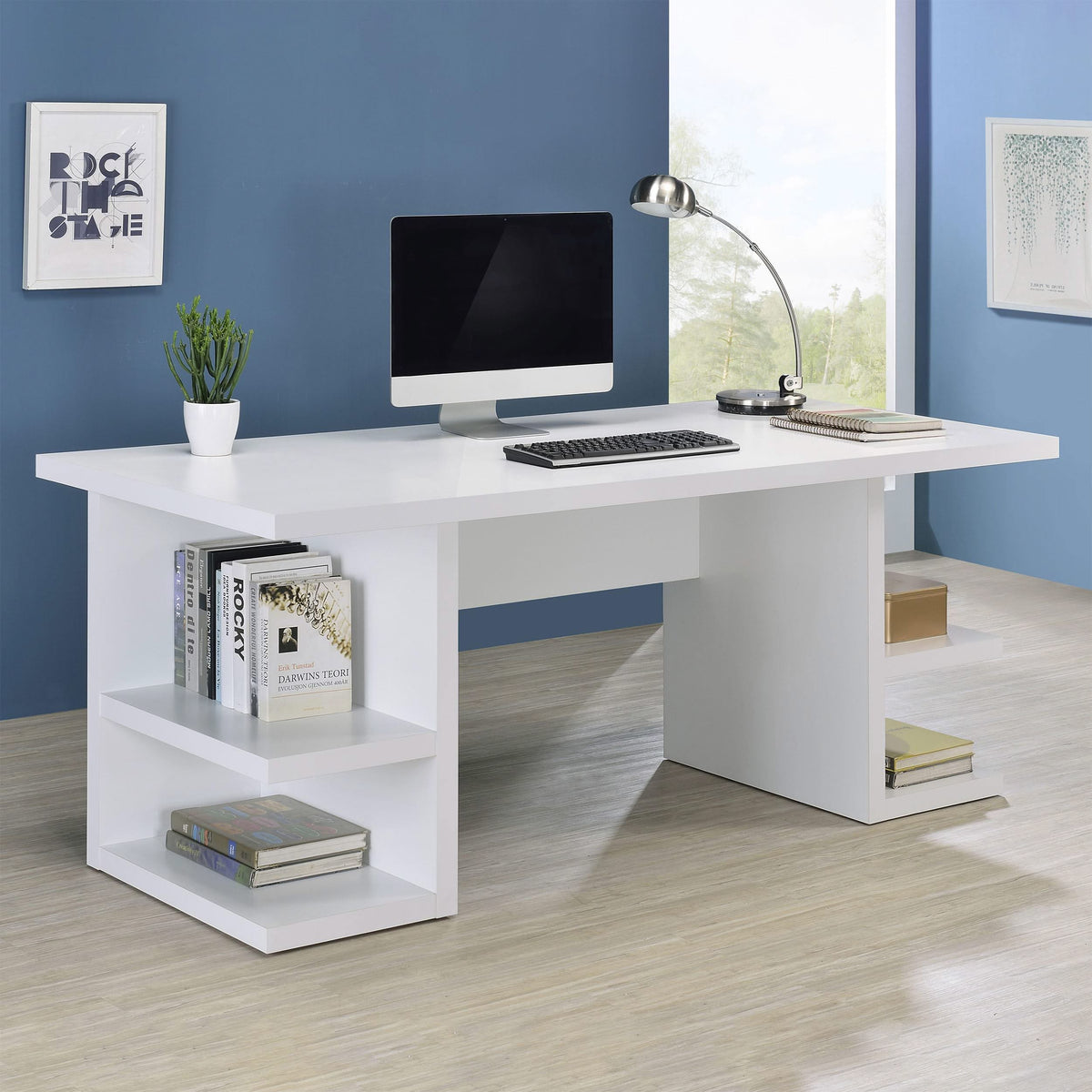 Escritorio Alice de madera de ingeniería de 71 pulgadas y 4 estantes, color blanco