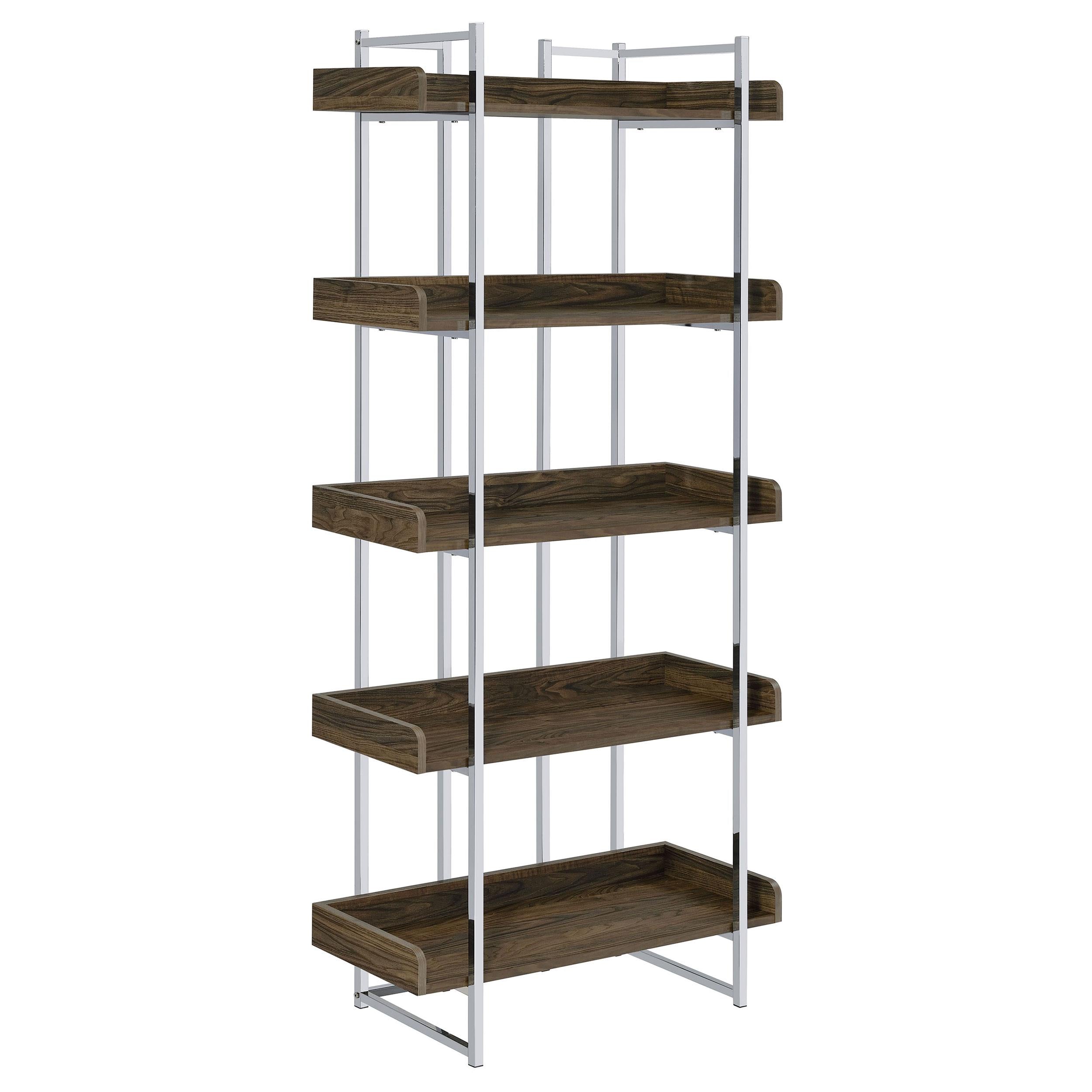 Angelica 70-inch 5-shelf Bookshelf Walnut and Chrome