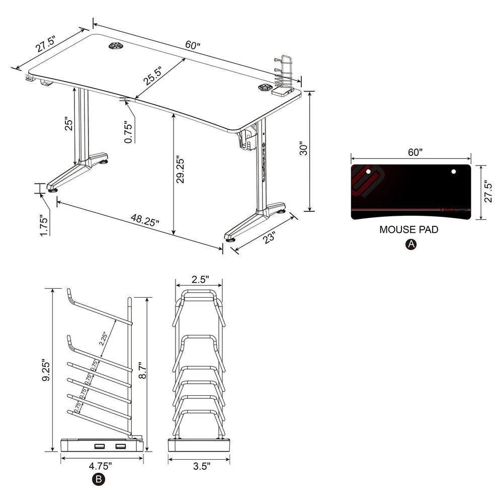 Escritorio para juegos Tarnov de 60 pulgadas con puertos USB, color negro
