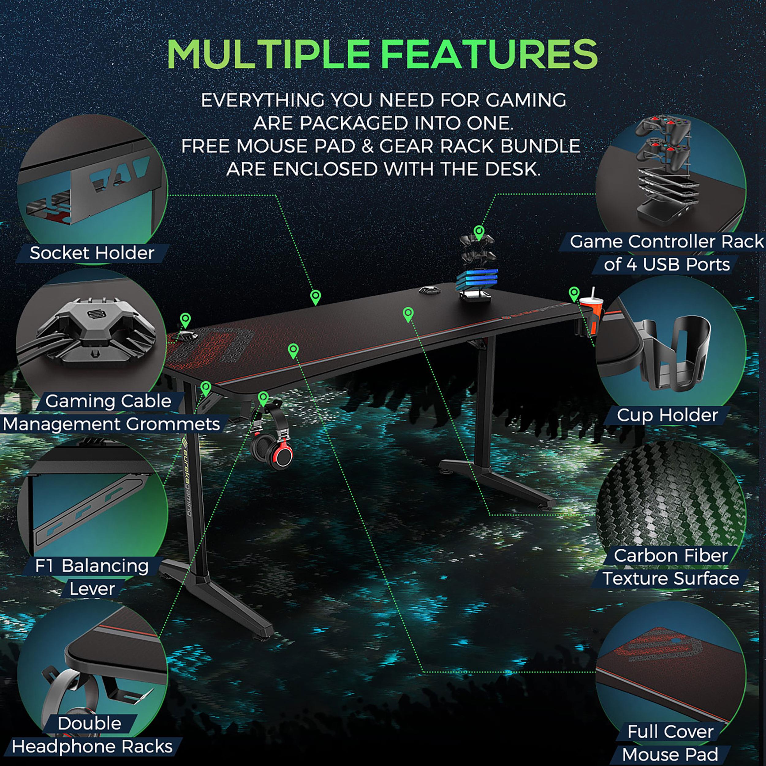 Tarnov 60-inch Computer Gaming Desk with USB Ports Black