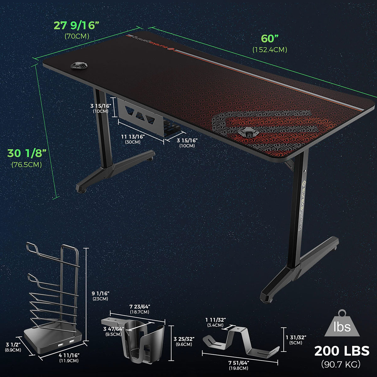 Escritorio para juegos Tarnov de 60 pulgadas con puertos USB, color negro