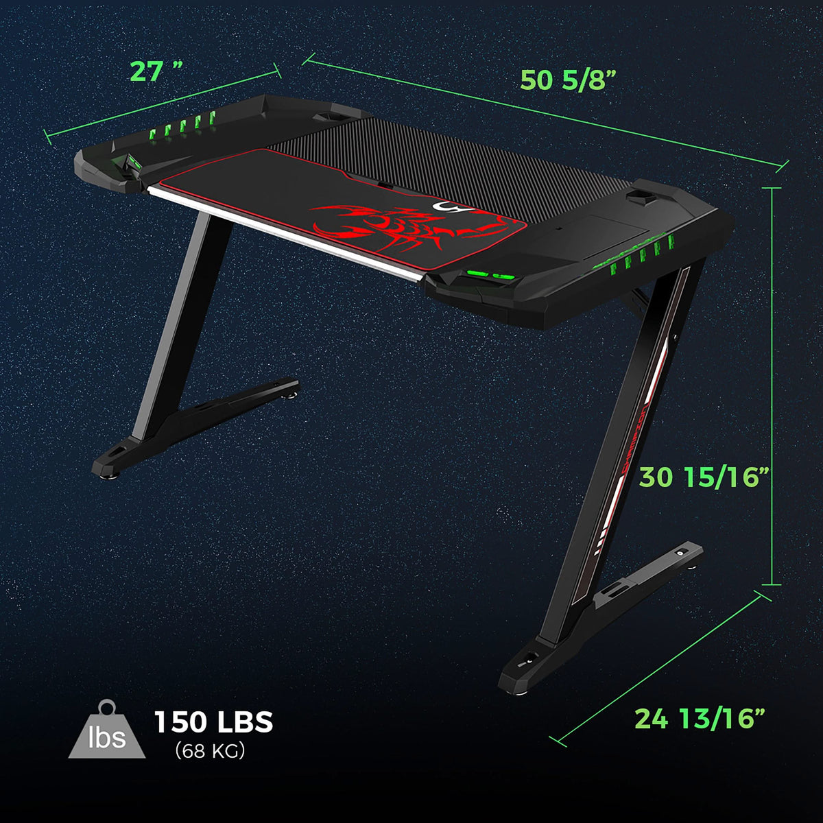 Escritorio para juegos Ardsley de 51 pulgadas con iluminación RGB, color negro