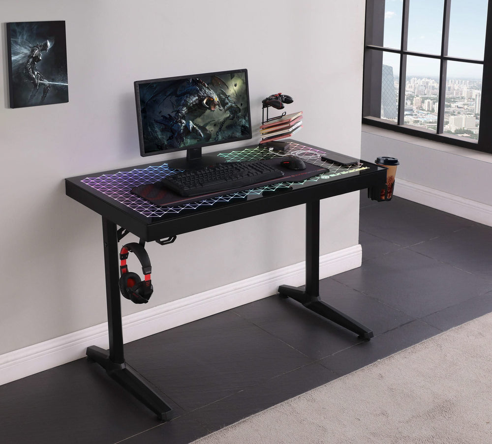 Escritorio para juegos Avoca de 43 pulgadas con cubierta de vidrio y LED RGB, color negro