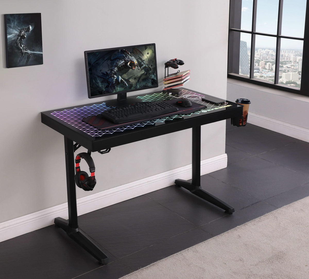 Escritorio para juegos Avoca de 43 pulgadas con cubierta de vidrio y LED RGB, color negro