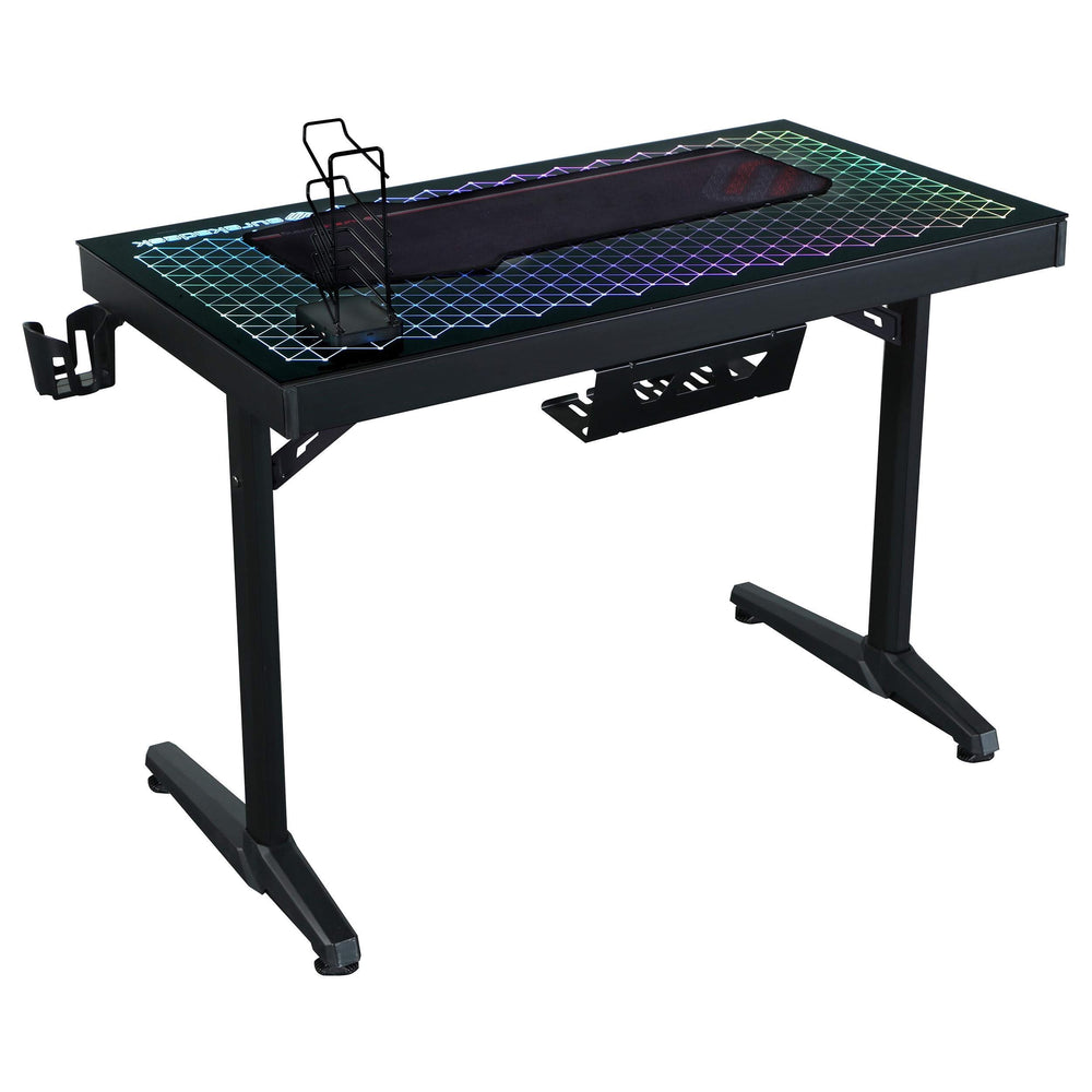 Escritorio para juegos Avoca de 43 pulgadas con cubierta de vidrio y LED RGB, color negro
